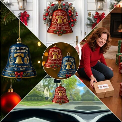 USA 250th Anniversary Bell Ornament - Red & Gold 2D Acrylic Commemorative Hanging Decor with Enamel Detailing, for Christmas Tree, Patriotic Holidays, and Collectors Gift (2pcs Red + Blue) in Saudi Arabia