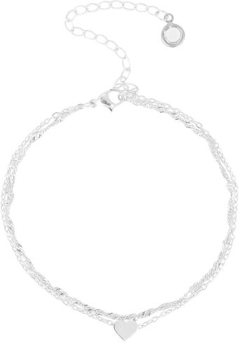 Silver Anklet for Women, Waterproof Adjustable Double Layer Anklet Shiny Statement Foot Jewelry with Heart-Shaped Pendant for Women Accessories in Saudi Arabia