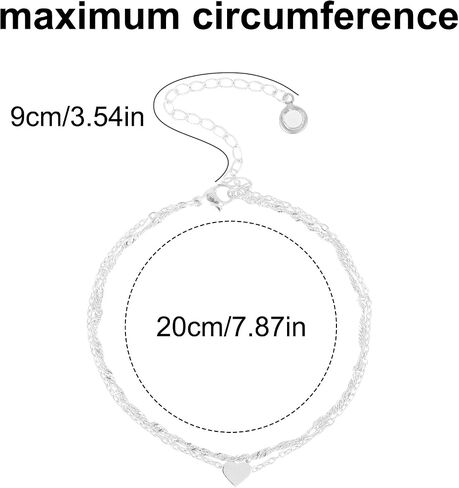 Silver Anklet for Women, Waterproof Adjustable Double Layer Anklet Shiny Statement Foot Jewelry with Heart-Shaped Pendant for Women Accessories in Saudi Arabia