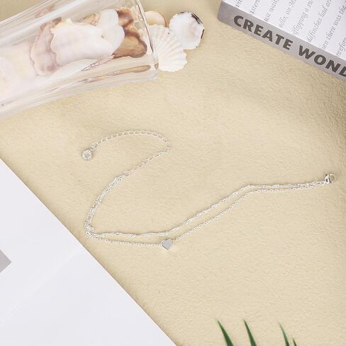 Silver Anklet for Women, Waterproof Adjustable Double Layer Anklet Shiny Statement Foot Jewelry with Heart-Shaped Pendant for Women Accessories in Saudi Arabia