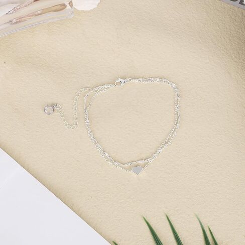 Silver Anklet for Women, Waterproof Adjustable Double Layer Anklet Shiny Statement Foot Jewelry with Heart-Shaped Pendant for Women Accessories in Saudi Arabia