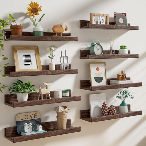 Heimlove 24 inch Picture Ledge Shelf Set of 8,Long Floating Shelves for Wall,Walnut Picture Shelf with Lip for Wall Decor,Living Room Bedroom Bookshelf Photo Frames Nursery Book Shelves for Storage in Kuwait