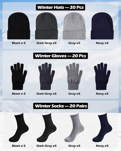 Toulite 60 Pcs Winter Beanie Hat Gloves Socks Set for Women Men Unisex Beanie Warm Stocking Hats Bulk for Homeless Care in Saudi Arabia