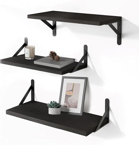 Wood Floating Shelves for Wall Set of 3, Floating Shelves with Storage, Shelves for Room Wall Decor for Bedroom, Bathroom, Living Room, Office (Black, 16.5") in Saudi Arabia