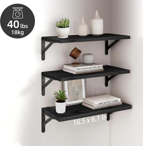 Wood Floating Shelves for Wall Set of 3, Floating Shelves with Storage, Shelves for Room Wall Decor for Bedroom, Bathroom, Living Room, Office (Black, 16.5") in Saudi Arabia