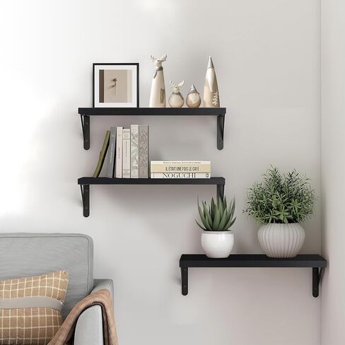Wood Floating Shelves for Wall Set of 3, Floating Shelves with Storage, Shelves for Room Wall Decor for Bedroom, Bathroom, Living Room, Office (Black, 16.5") in Saudi Arabia