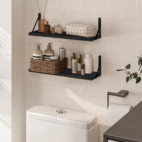 Wood Floating Shelves for Wall Set of 3, Floating Shelves with Storage, Shelves for Room Wall Decor for Bedroom, Bathroom, Living Room, Office (Black, 16.5") in Saudi Arabia