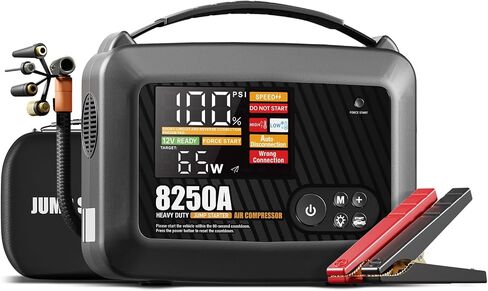 JFEGWO CS02 8250A Jump Starter مع ضاغط هواء، 32000 مللي أمبير 150 رطل لكل بوصة مربعة محمولة لشاحنة السيارة شديدة التحمل (16 لتر غاز/12 لتر ديزل)، حزمة معززة لبطارية ليثيوم 12 فولت، شاشة LED PD65W USB-C in Kuwait