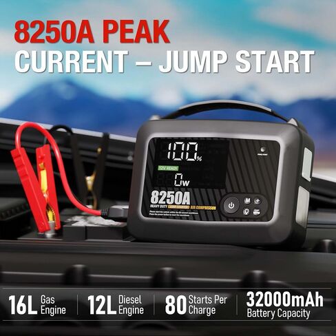 JFEGWO CS02 8250A Jump Starter مع ضاغط هواء، 32000 مللي أمبير 150 رطل لكل بوصة مربعة محمولة لشاحنة السيارة شديدة التحمل (16 لتر غاز/12 لتر ديزل)، حزمة معززة لبطارية ليثيوم 12 فولت، شاشة LED PD65W USB-C in Kuwait