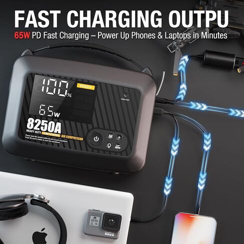 JFEGWO CS02 8250A Jump Starter مع ضاغط هواء، 32000 مللي أمبير 150 رطل لكل بوصة مربعة محمولة لشاحنة السيارة شديدة التحمل (16 لتر غاز/12 لتر ديزل)، حزمة معززة لبطارية ليثيوم 12 فولت، شاشة LED PD65W USB-C in Kuwait