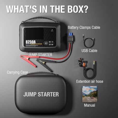 JFEGWO CS02 8250A Jump Starter مع ضاغط هواء، 32000 مللي أمبير 150 رطل لكل بوصة مربعة محمولة لشاحنة السيارة شديدة التحمل (16 لتر غاز/12 لتر ديزل)، حزمة معززة لبطارية ليثيوم 12 فولت، شاشة LED PD65W USB-C in Kuwait