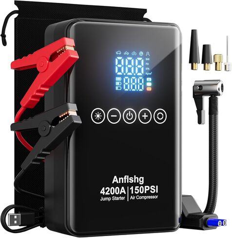 Portable Car Battery Jump Starter with Air Compressor, 4200A 150 PSI Jump Box (All Gas/8L Diesel), 12V Jump Pack for Car, Touch Screen LCD Display, Type-C, Multifunctional Light in Saudi Arabia
