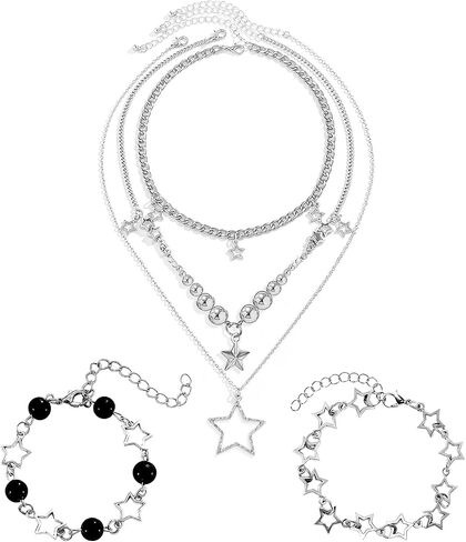 12 Pcs Y2k Accessories Set Grunge Layered Necklace, 3 Star Chains with 6 Rings Vintage Silver Jewelry for Women in Kuwait