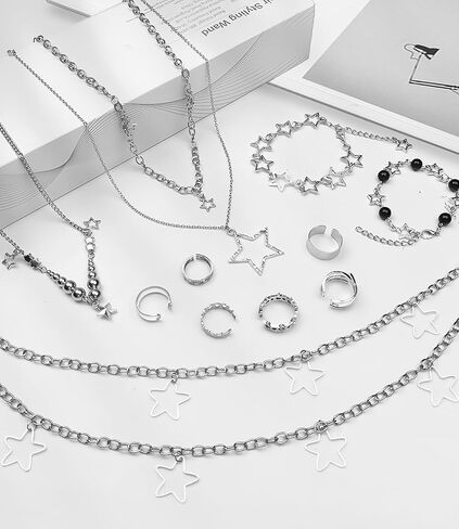 12 Pcs Y2k Accessories Set Grunge Layered Necklace, 3 Star Chains with 6 Rings Vintage Silver Jewelry for Women in Kuwait