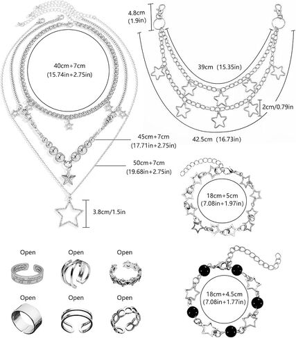 12 Pcs Y2k Accessories Set Grunge Layered Necklace, 3 Star Chains with 6 Rings Vintage Silver Jewelry for Women in Kuwait