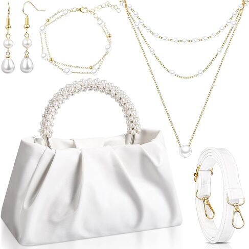 4 Pcs Evening Clutch Pearl Purses Jewelry Gift Sets Women Clutch Bag, Pearl Earrings Necklace and Bracelet in Saudi Arabia