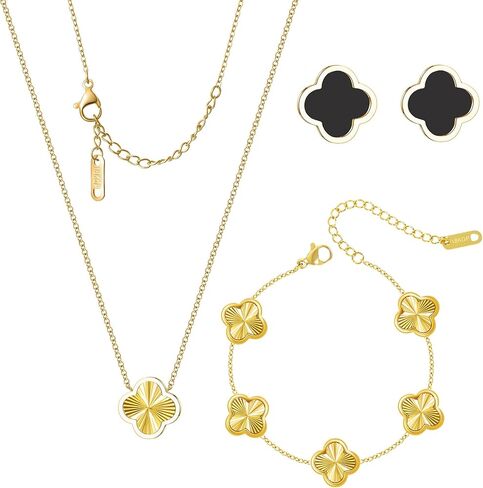 مجموعة من 3 قطع من قلادة البرسيم المطلية بالذهب عيار 18 قيراط وأساور وأقراط داينتي أربع أوراق البرسيم للنساء أقراط البرسيم هدية عيد الميلاد وعيد الميلاد in Kuwait