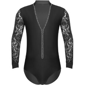 Mens Sparkling Rhinestones Latin Ballroom Dance Performance Costume Long Sleeves Bodysuit Shirt Tango Latin Leotard Costume(Black,XXL) in Saudi Arabia