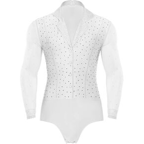Mens Latin Ballroom Dance Leotard Costume Lapel Collar Sheer Mesh Patchwork Long Sleeve Sparkly Rhinestone Bodysuit(White,M) in Saudi Arabia