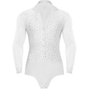 Mens Latin Ballroom Dance Leotard Costume Lapel Collar Sheer Mesh Patchwork Long Sleeve Sparkly Rhinestone Bodysuit(White,XXL) in Kuwait