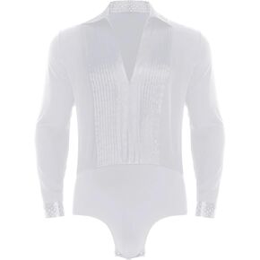 Men Shiny Rhinestones Jazz Leotard Ballroom Latin Dance Competition Costume Long Sleeve Pleated Bodysuit Shirts Dancewear(White,XXL) in Saudi Arabia