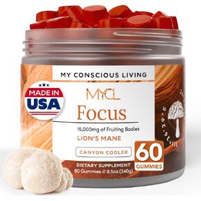 Lions Mane Mushroom Gummies for Focus and Memory - 500mg Fruiting Body Extract - Cognitive Support and Brain Health Supplements for Adults and Kids - Vegan, Gluten-Free - Canyon Cooler - 30 Servings in Saudi Arabia