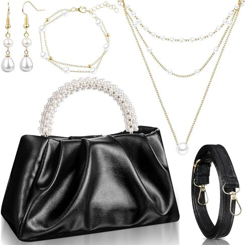 4 Pcs Evening Clutch Pearl Purses Jewelry Gift Sets Women Clutch Bag, Pearl Earrings Necklace and Bracelet in Saudi Arabia