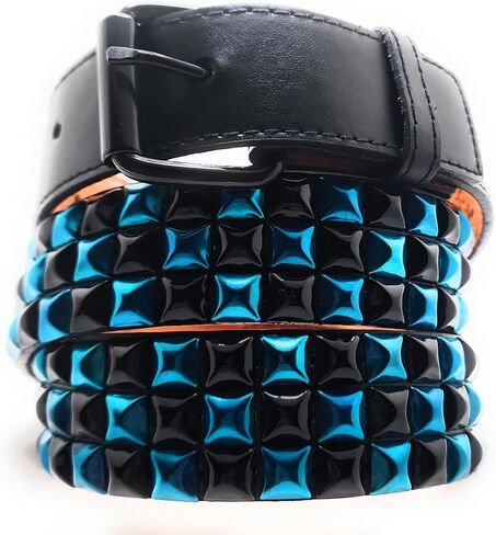 Handmade Sky Blue and Black Checker Pyramid Studded Stitched Leather Belt Punk in Saudi Arabia
