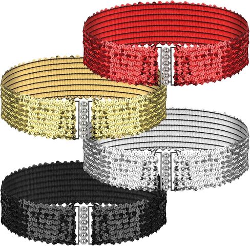4 Pcs Glitter Sequin Belt, Wide Waist Elastic Belt Disco 70s 80s Metal Buckle Belts Clothing Accessories for Women Girl Bridal Dance Party Dresses Costume (Gold,Silver,Black,Red) in Saudi Arabia