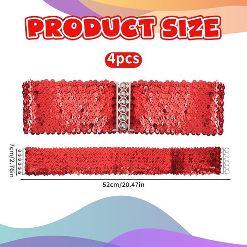 4 Pcs Glitter Sequin Belt, Wide Waist Elastic Belt Disco 70s 80s Metal Buckle Belts Clothing Accessories for Women Girl Bridal Dance Party Dresses Costume (Gold,Silver,Black,Red) in Saudi Arabia