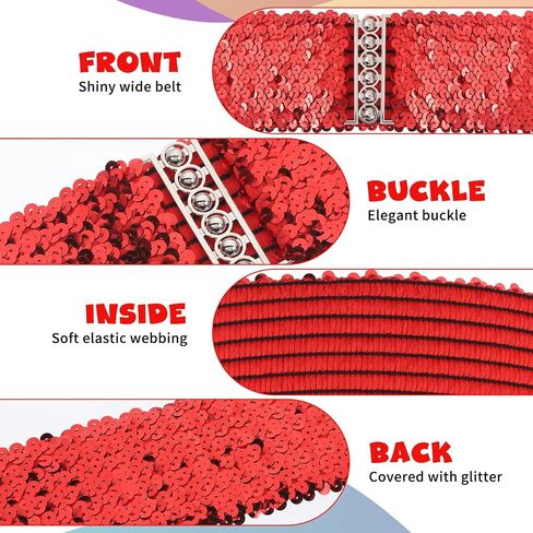 4 Pcs Glitter Sequin Belt, Wide Waist Elastic Belt Disco 70s 80s Metal Buckle Belts Clothing Accessories for Women Girl Bridal Dance Party Dresses Costume (Gold,Silver,Black,Red) in Saudi Arabia