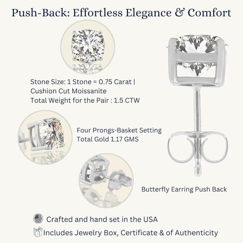 14K Solid Gold Lab Grown Moissanite Stud Earrings for Women | Emerald, Oval, Pear, Cushion, Heart & Asscher Cuts | Multiple Sizes & CTW | Push Back & Screw Back | Hypoallergenic | Made in USA | Gift for Her | By Adora Fine Jewelry in Kuwait