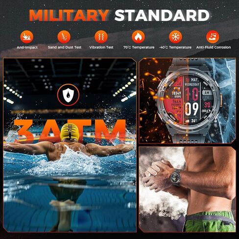 ساعة EIGIIS KE5 العسكرية الذكية للرجال مع مصباح يدوي SOS 3ATM مقاومة للماء وبطارية كبيرة 530 مللي أمبير في الساعة 1.45 بوصة ساعة ذكية تكتيكية متينة مع بوصلة ومقياس ارتفاع اللياقة البدنية لهاتف iPhone Android in Kuwait