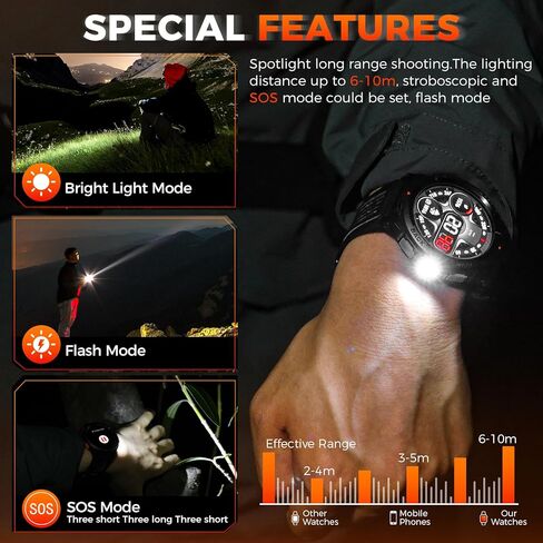 ساعة EIGIIS KE5 العسكرية الذكية للرجال مع مصباح يدوي SOS 3ATM مقاومة للماء وبطارية كبيرة 530 مللي أمبير في الساعة 1.45 بوصة ساعة ذكية تكتيكية متينة مع بوصلة ومقياس ارتفاع اللياقة البدنية لهاتف iPhone Android in Kuwait