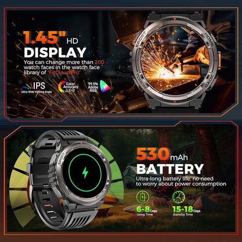 ساعة EIGIIS KE5 العسكرية الذكية للرجال مع مصباح يدوي SOS 3ATM مقاومة للماء وبطارية كبيرة 530 مللي أمبير في الساعة 1.45 بوصة ساعة ذكية تكتيكية متينة مع بوصلة ومقياس ارتفاع اللياقة البدنية لهاتف iPhone Android in Kuwait