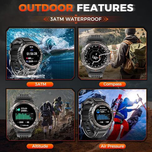 ساعة EIGIIS KE5 العسكرية الذكية للرجال مع مصباح يدوي SOS 3ATM مقاومة للماء وبطارية كبيرة 530 مللي أمبير في الساعة 1.45 بوصة ساعة ذكية تكتيكية متينة مع بوصلة ومقياس ارتفاع اللياقة البدنية لهاتف iPhone Android in Kuwait