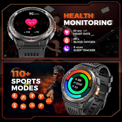 ساعة EIGIIS KE5 العسكرية الذكية للرجال مع مصباح يدوي SOS 3ATM مقاومة للماء وبطارية كبيرة 530 مللي أمبير في الساعة 1.45 بوصة ساعة ذكية تكتيكية متينة مع بوصلة ومقياس ارتفاع اللياقة البدنية لهاتف iPhone Android in Kuwait