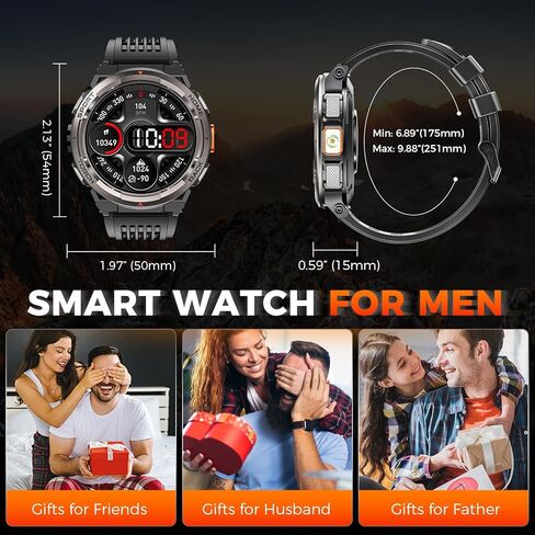 ساعة EIGIIS KE5 العسكرية الذكية للرجال مع مصباح يدوي SOS 3ATM مقاومة للماء وبطارية كبيرة 530 مللي أمبير في الساعة 1.45 بوصة ساعة ذكية تكتيكية متينة مع بوصلة ومقياس ارتفاع اللياقة البدنية لهاتف iPhone Android in Kuwait