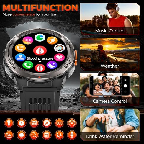 ساعة EIGIIS KE5 العسكرية الذكية للرجال مع مصباح يدوي SOS 3ATM مقاومة للماء وبطارية كبيرة 530 مللي أمبير في الساعة 1.45 بوصة ساعة ذكية تكتيكية متينة مع بوصلة ومقياس ارتفاع اللياقة البدنية لهاتف iPhone Android in Kuwait