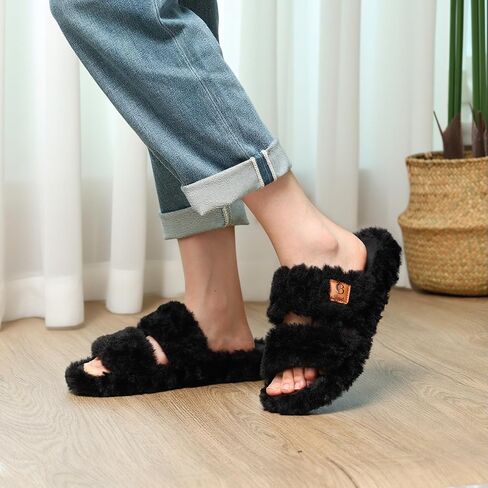Ibeauti Womens Fuzzy Slippers Memory Foam Adjustable Open Toe Slide Comfy House Shoes for Indoor Bedroom in Saudi Arabia