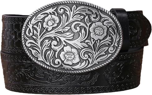 حزام رعاة البقر من جلد البولي يوريثان الغربي للرجال والنساء - أحزمة جلدية منقوشة بإبزيم على شكل زهرة عتيقة لسراويل الجينز in Kuwait