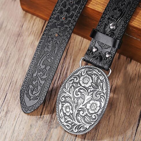 حزام رعاة البقر من جلد البولي يوريثان الغربي للرجال والنساء - أحزمة جلدية منقوشة بإبزيم على شكل زهرة عتيقة لسراويل الجينز in Kuwait