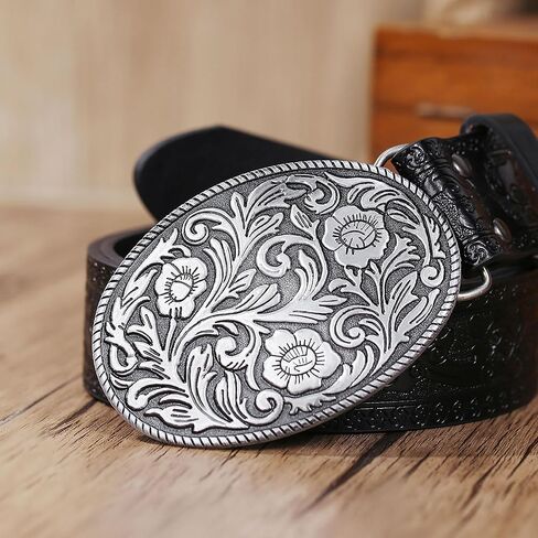 حزام رعاة البقر من جلد البولي يوريثان الغربي للرجال والنساء - أحزمة جلدية منقوشة بإبزيم على شكل زهرة عتيقة لسراويل الجينز in Kuwait