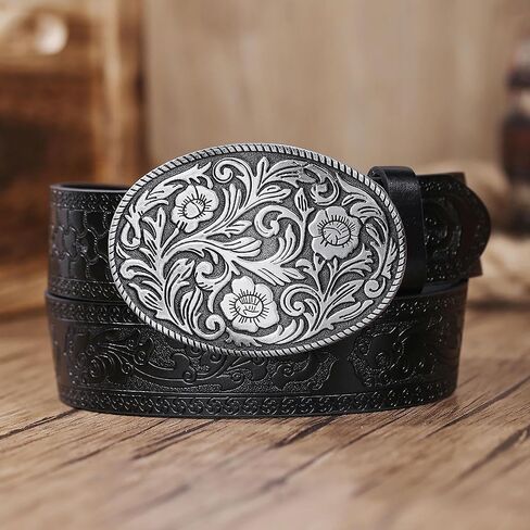 حزام رعاة البقر من جلد البولي يوريثان الغربي للرجال والنساء - أحزمة جلدية منقوشة بإبزيم على شكل زهرة عتيقة لسراويل الجينز in Kuwait