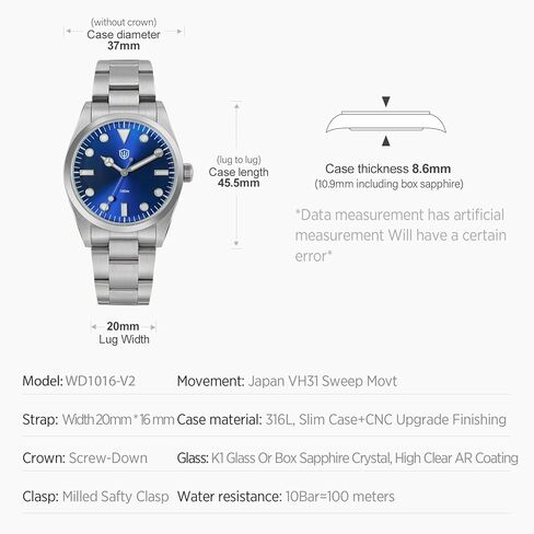 watchdives VH31 Quartz Watch, WD1016 Men Watches 37mm Dial Stainless Steel Wristwatch Sweep Sports Watch 100M Waterproof in Kuwait