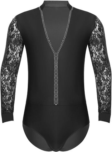 Mens Sparkling Rhinestones Latin Ballroom Dance Performance Costume Long Sleeves Bodysuit Shirt Tango Latin Leotard Costume(Black,XXL) in Saudi Arabia