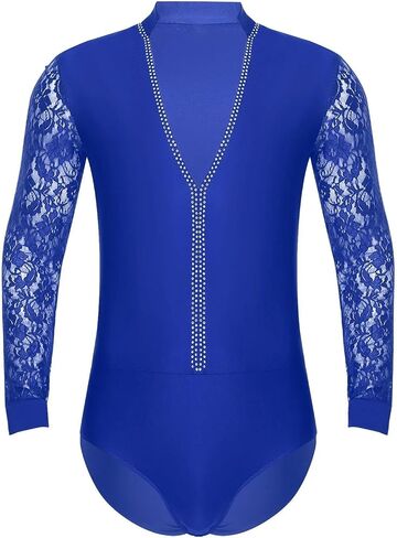 Mens Sparkling Rhinestones Latin Ballroom Dance Performance Costume Long Sleeves Bodysuit Shirt Tango Latin Leotard Costume(Black,XXL) in Saudi Arabia