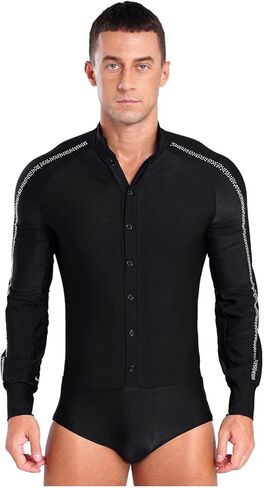 Mens Latin Ballet Dance Leotard Competition Costume Raglan Sleeve Stand Collar Button Sparkly Rhinestones Leotard(Black,XXL) in Saudi Arabia