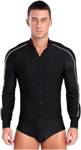Mens Latin Ballet Dance Leotard Competition Costume Raglan Sleeve Stand Collar Button Sparkly Rhinestones Leotard(Black,XXL) in Kuwait