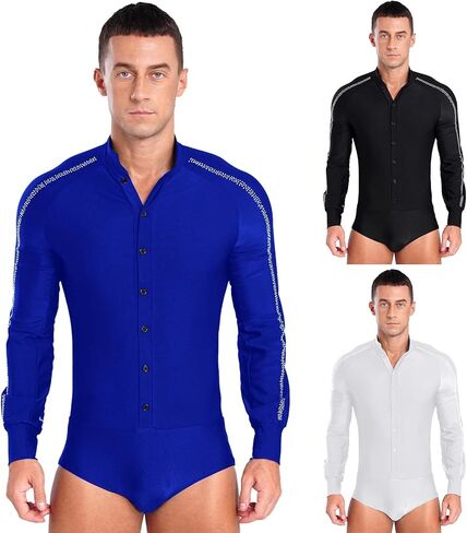 Mens Latin Ballet Dance Leotard Competition Costume Raglan Sleeve Stand Collar Button Sparkly Rhinestones Leotard(Black,XXL) in Kuwait